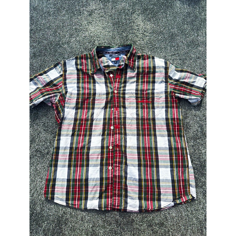 Vintage Tommy Hilfiger Jeans Mens XL Plaid Shirt Flag Logo 90s Short Sleeve